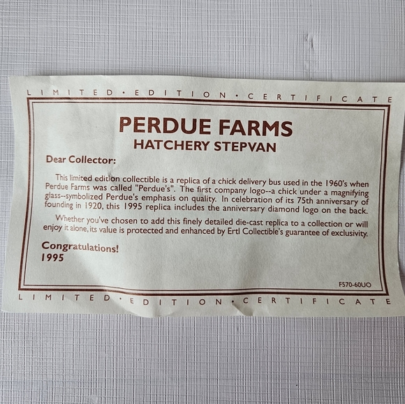 Ertl Other Perdue Hatchery Van 995 Ertl Collectibles Grumman Route